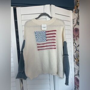 Altar'd State Cream Flag Knit Sweater with Denim-Style Sleeves